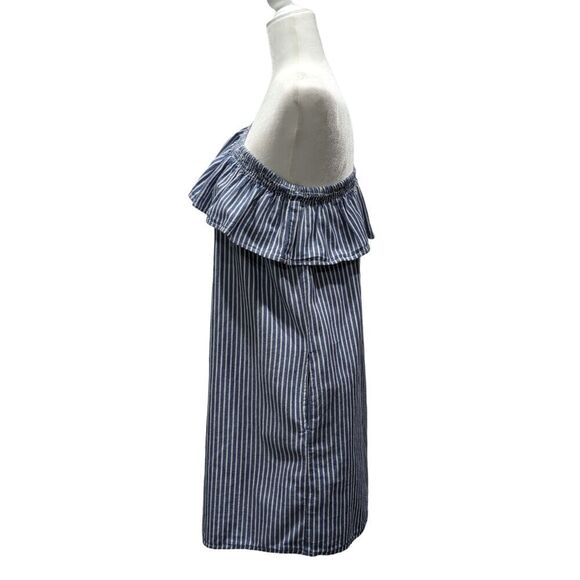 Beachlunchlounge Blue & White Striped Cotton One Shoulder Ruffle Mini Dress, SP - Picture 6 of 10